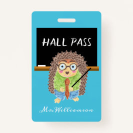 Tarjeta De Identificación Male Hedgehog Teacher Blue Hall Pass Badge