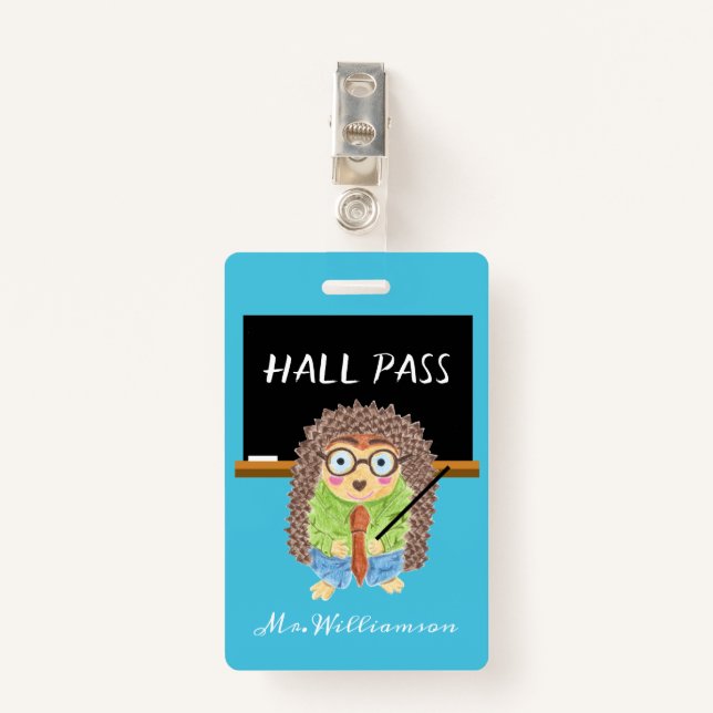 Tarjeta De Identificación Male Hedgehog Teacher Blue Hall Pass Badge (Anverso con clip)