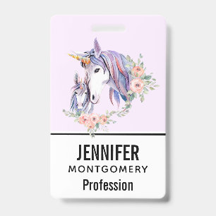 Tarjeta De Identificación Mamá Unicornio Mágico y Bebé Acuarela