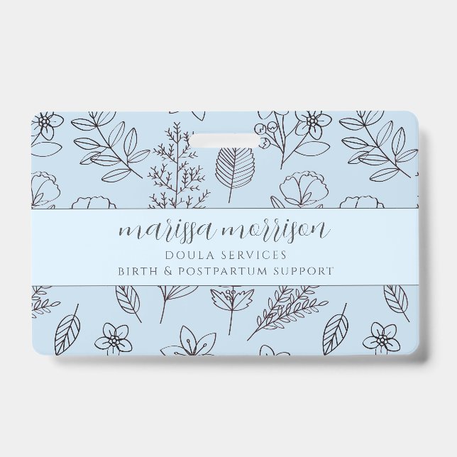 Tarjeta De Identificación Mano caprichosa dibuja guión floral azul Doula (Parte frontal)