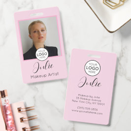 Tarjeta De Identificación Maquilladora con foto rosa y logotipo