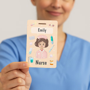 Tarjeta De Identificación Marca de nombre de enfermera kawaii personalizada
