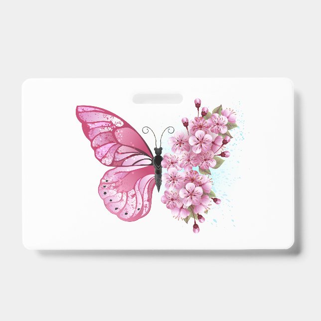 Tarjeta De Identificación Mariposa de flores con Sakura rosa (Anverso)