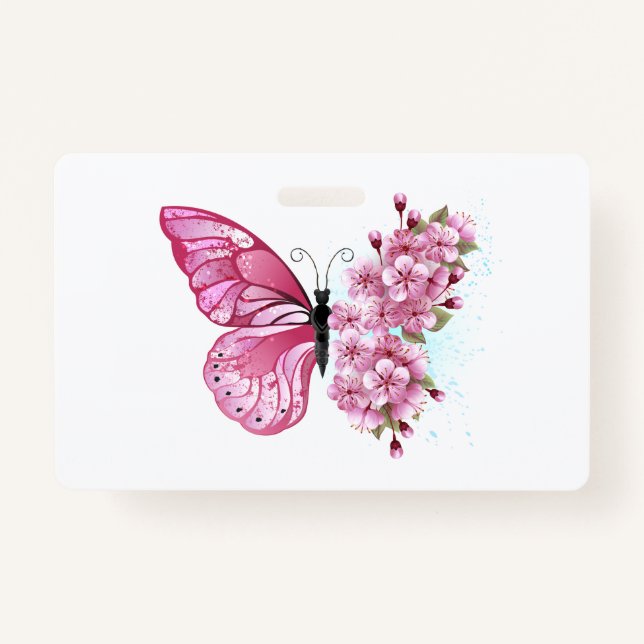 Tarjeta De Identificación Mariposa de flores con Sakura rosa (Anverso)