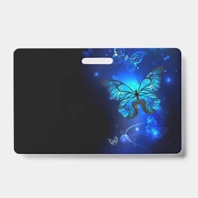 Tarjeta De Identificación Mariposa Morpho en fondo oscuro (Parte frontal)