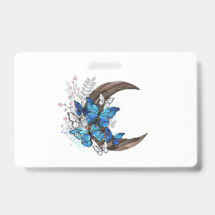 Tarjeta De Identificación Mariposas azules en creciente de madera