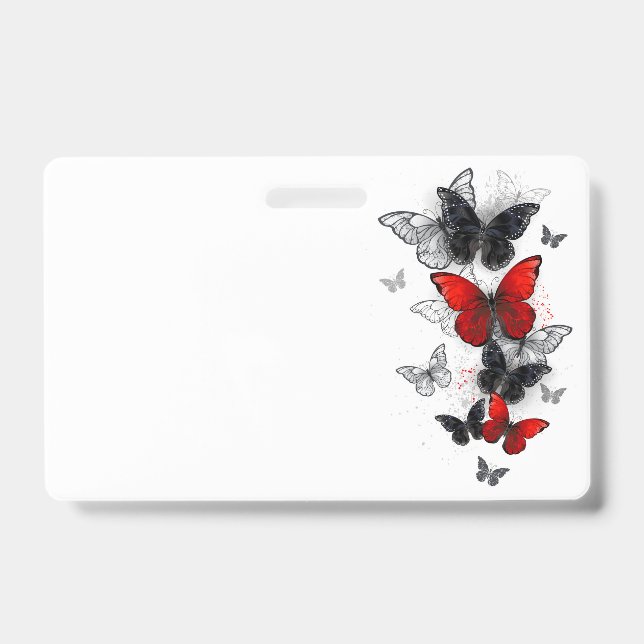 Tarjeta De Identificación Mariposas Morpho Negras y Rojas Volando (Parte frontal)