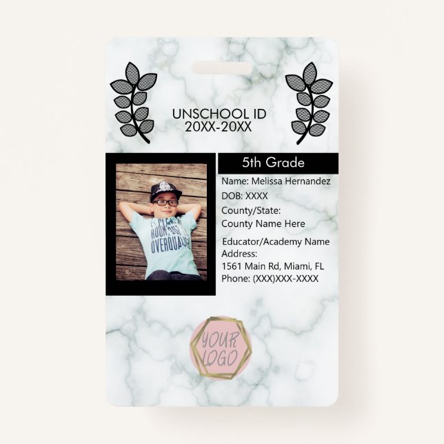 Tarjeta De Identificación Mármol estudiantil privado sin escolaridad (Anverso)