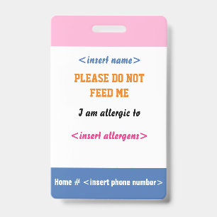 Tarjeta De Identificación Medalla de Alergia Alimentaria
