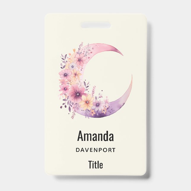 Tarjeta De Identificación Media Luna Rosa con Flores Bonitas (Parte frontal)