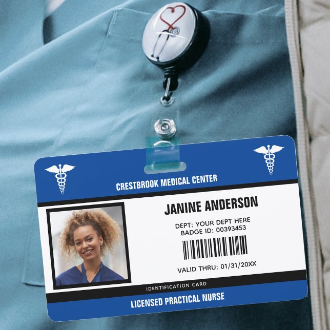 Tarjeta De Identificación Médica de enfermería de LPN para empleados médicos (Blue & Black Medical Employee Doctor LPN Nurse ID Badge)