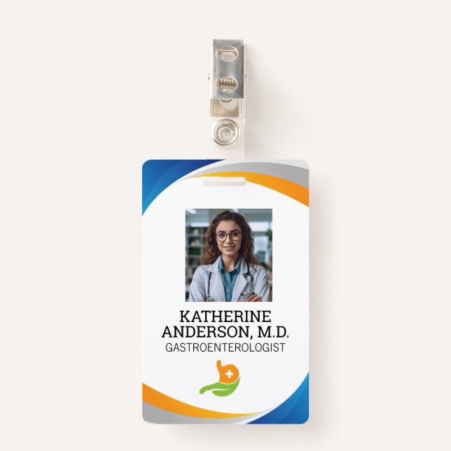 Tarjeta De Identificación Médica sonriente | Logotipo gastroenterólogo (Anverso con clip)
