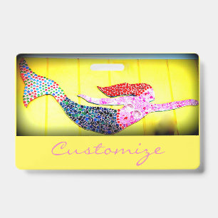 Tarjeta De Identificación Mermaid de cabeza roja de natación rosa
