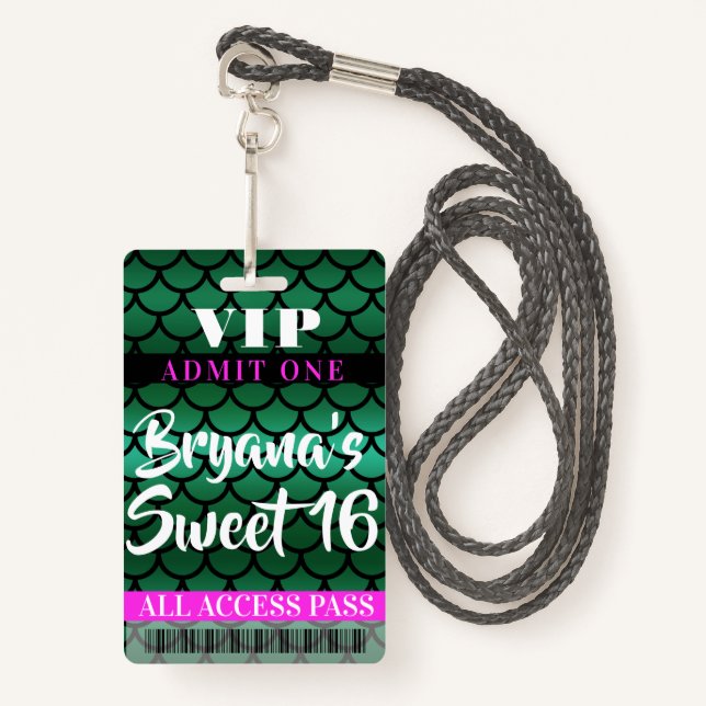 Tarjeta De Identificación Mermaid Scales Green Black Fiesta Sweet 16 VIP Pas (Anverso son cordón)