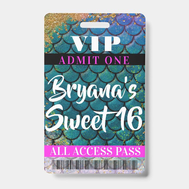 Tarjeta De Identificación Mermaid Scales Purpurina Fiesta Sweet 16 VIP Pass (Front)