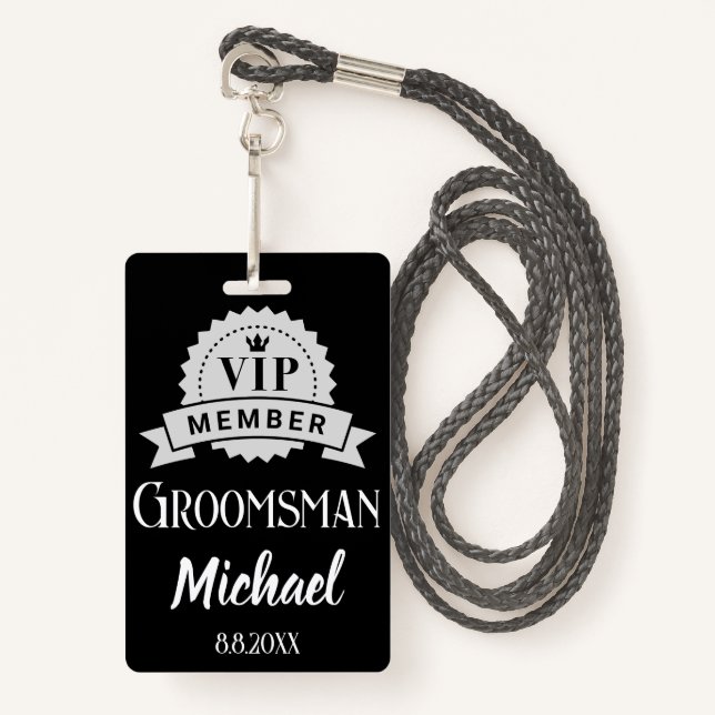 Tarjeta De Identificación miembro vip groomsman boda personalizado negro (Anverso son cordón)