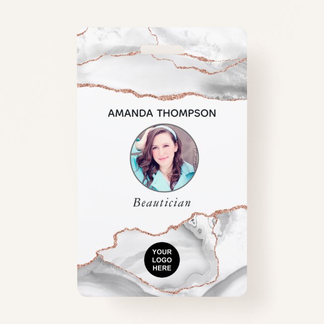Tarjeta De Identificación Moda acuarela Blanco y Rosa Gold Agate Business (Anverso)