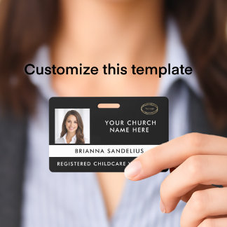 Tarjeta De Identificación Modern Black Custom Logo Photo ID Church Volunteer