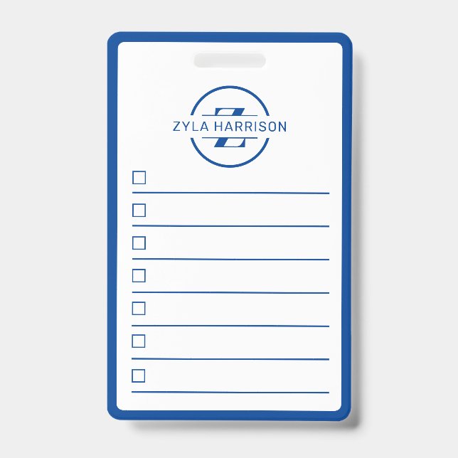Tarjeta De Identificación Modern Blue Monogram Name Whiteboard To Do List (Front)