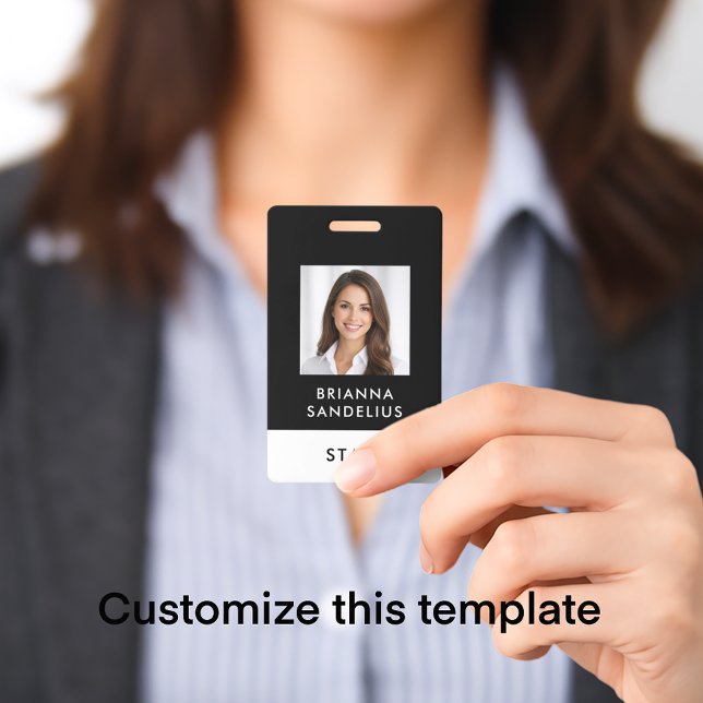 Tarjeta De Identificación Modern Custom Script Black & White Photo ID Name (Personalize this ID badge template with your photo and name and custom text. Modern black & white.
)