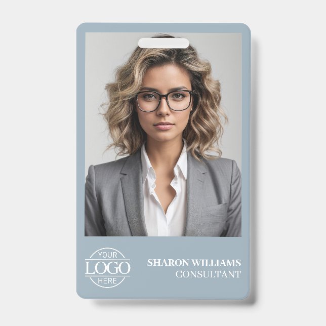 Tarjeta De Identificación Modern Dusty Blue Employee Photo Company Logo (Parte frontal)