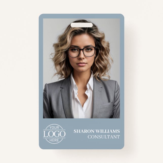 Tarjeta De Identificación Modern Dusty Blue Employee Photo Company Logo (Anverso)