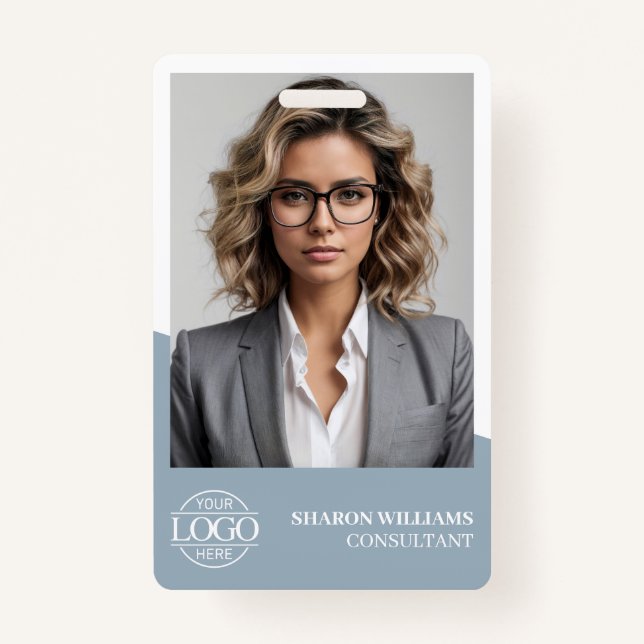 Tarjeta De Identificación Modern Dusty Blue Employee Photo Company Logo (Anverso)