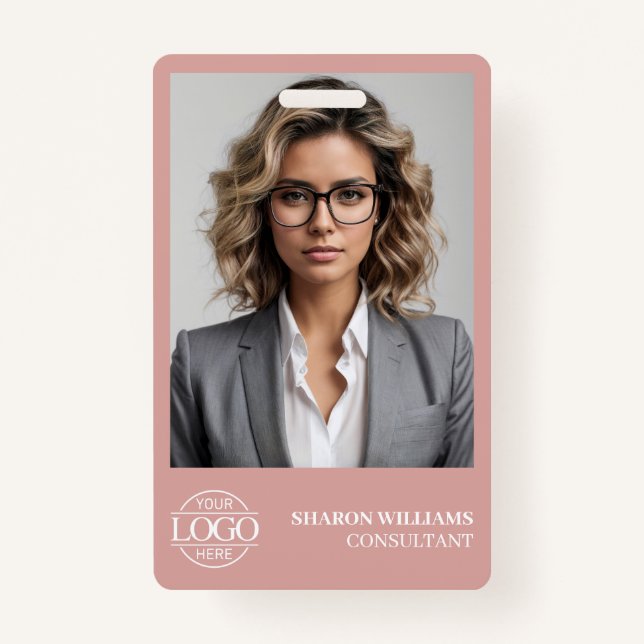 Tarjeta De Identificación Modern Dusty Rose Personalized Employee Photo Logo (Anverso)