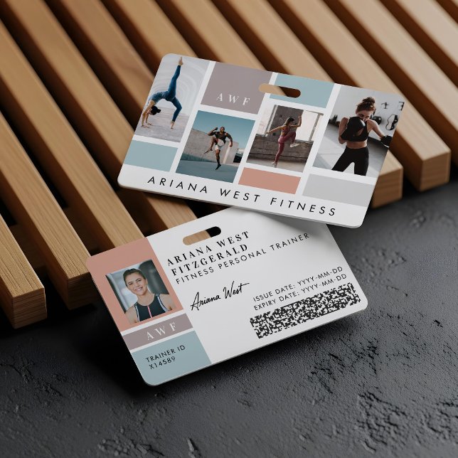 Tarjeta De Identificación Modern Four Photo Collage Personal Trainer Fitness (Modern Four Photo Collage Personal Trainer Fitness Badge)