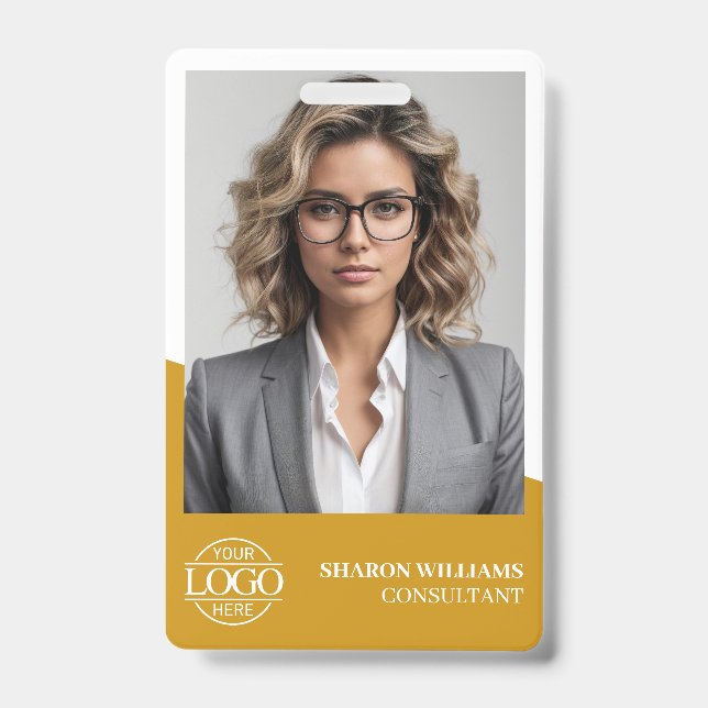 Tarjeta De Identificación Modern Mustard Yellow Employee Photo Company Logo (Parte frontal)