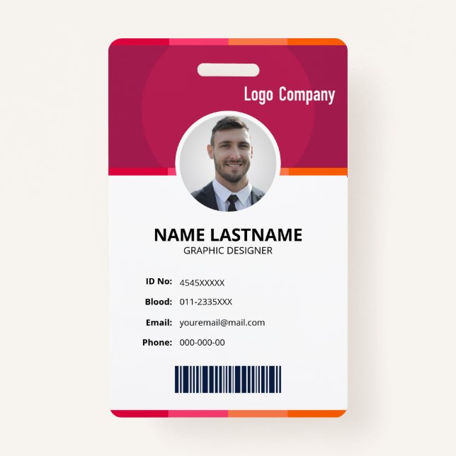 Tarjeta De Identificación Modern Red ID Identification Card Photo Badge (Anverso)