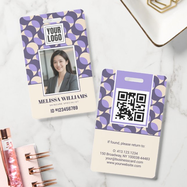 Tarjeta De Identificación Modern Retro Lavender Geometric Photo ID Badge (Oficina)