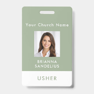 Tarjeta De Identificación Modern Sage Green Church Usher Photo ID