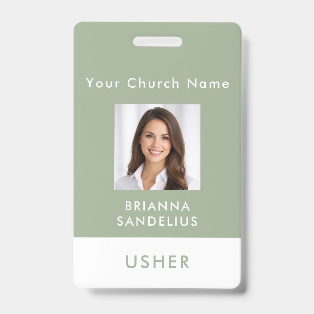 Tarjeta De Identificación Modern Sage Green Church Usher Photo ID (Parte frontal)