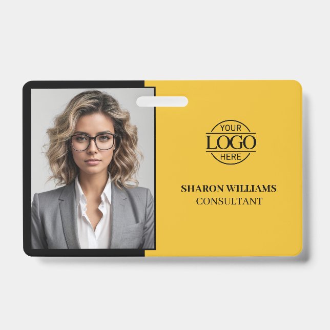 Tarjeta De Identificación Modern Yellow and Black Company Employee Photo (Parte frontal)