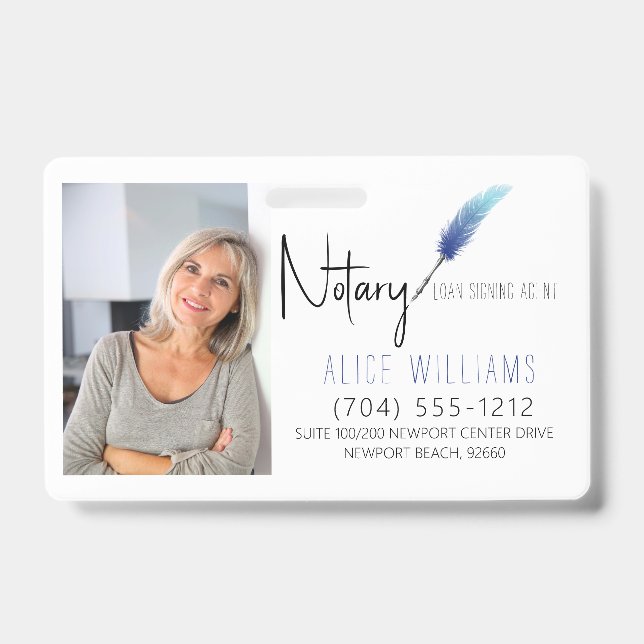Tarjeta De Identificación Moderna empresa notarial de fotos en blanco y azul (Front)