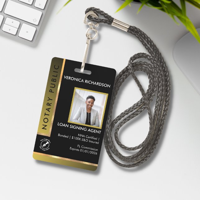 Tarjeta De Identificación Moderno Black & Gold Add QR Notary Photo ID (Subido por el creador)