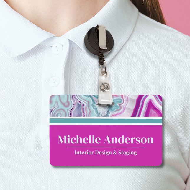 Tarjeta De Identificación Moderno y elegante nombre de negocio (Cute Monogram Initial Teal Magenta Agate Name Badge)