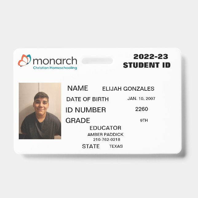 TARJETA DE IDENTIFICACIÓN MONARCH HOMESCHOOL ID  (Anverso)