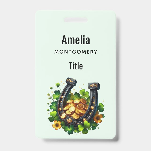 Tarjeta De Identificación Monedas de oro de herradura y trébol afortunados (Parte frontal)