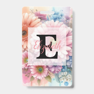 Tarjeta De Identificación Monograma de acuarela floral de gerbera rosa