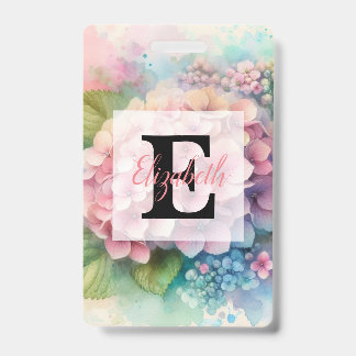 Tarjeta De Identificación Monograma de acuarela floral hortensia rosa 