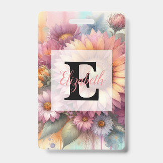 Tarjeta De Identificación Monograma de acuarela floral rosa girasol amarillo