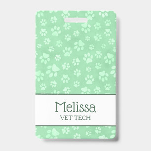Tarjeta De Identificación Monograma de Huella de Animal Verde Claro y Blanco