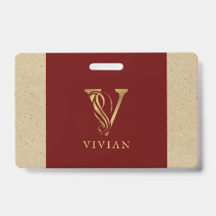 Tarjeta De Identificación Monograma de letra dorada elegante V sobre rojo y 
