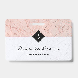 Tarjeta De Identificación Monograma Elegante Rosa Dorado Marble Gris