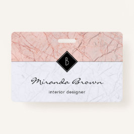 Tarjeta De Identificación Monograma Elegante Rosa Dorado Marble Gris