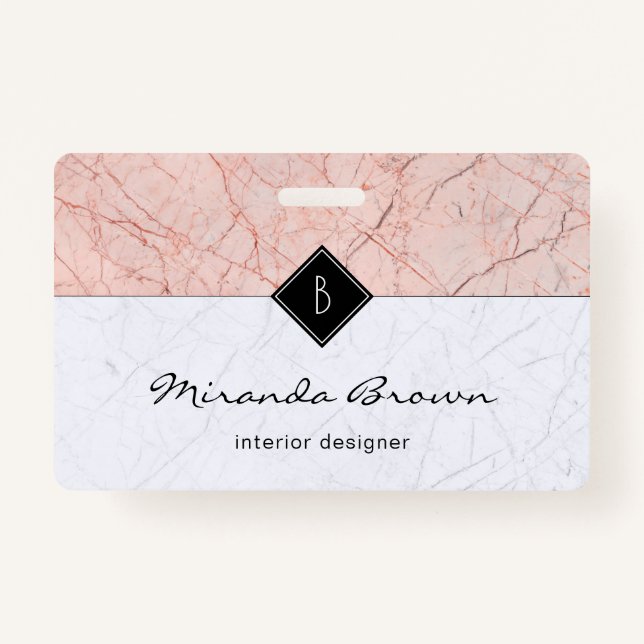 Tarjeta De Identificación Monograma Elegante Rosa Dorado Marble Gris (Anverso)