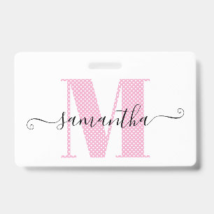 Tarjeta De Identificación Monograma femenino de lunares rosados y blancos