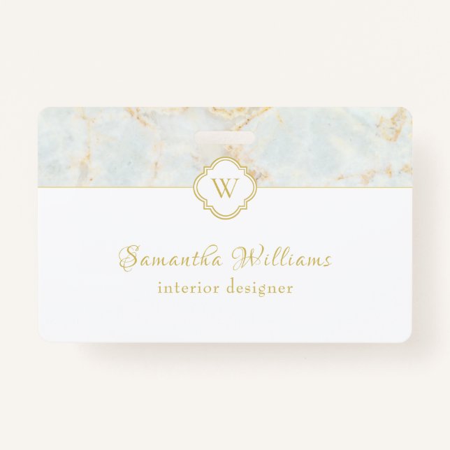 Tarjeta De Identificación Monograma Marble Elegante Oro Blanco (Anverso)